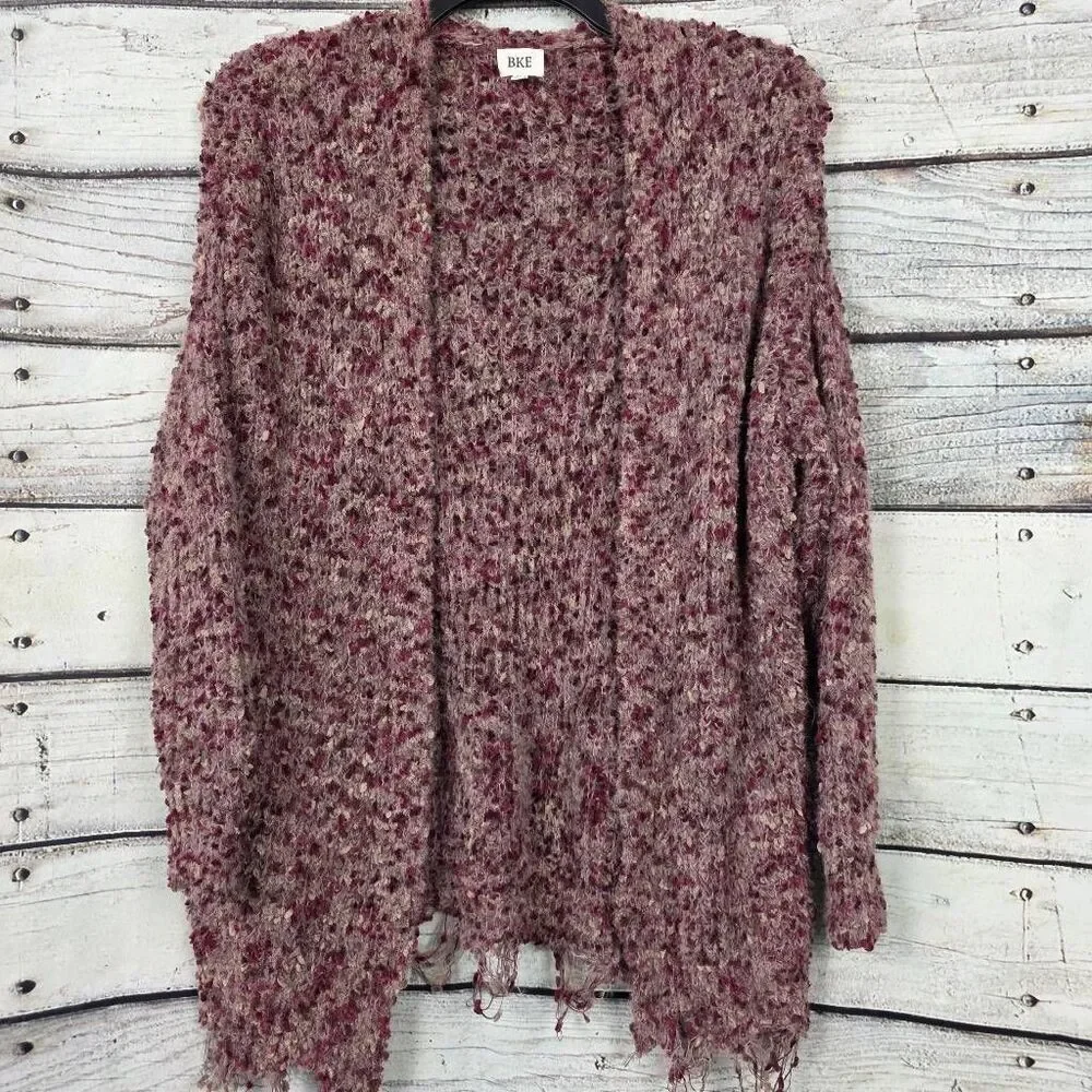 BKE Burgundy Open Knit Cardigan Women’s Medium Fringe Hem